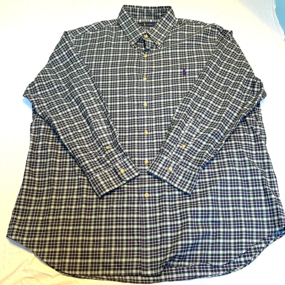 Ralph Lauren Button Down Shirt Mens XXL Green Purple Long Sleeve Cotton Logo